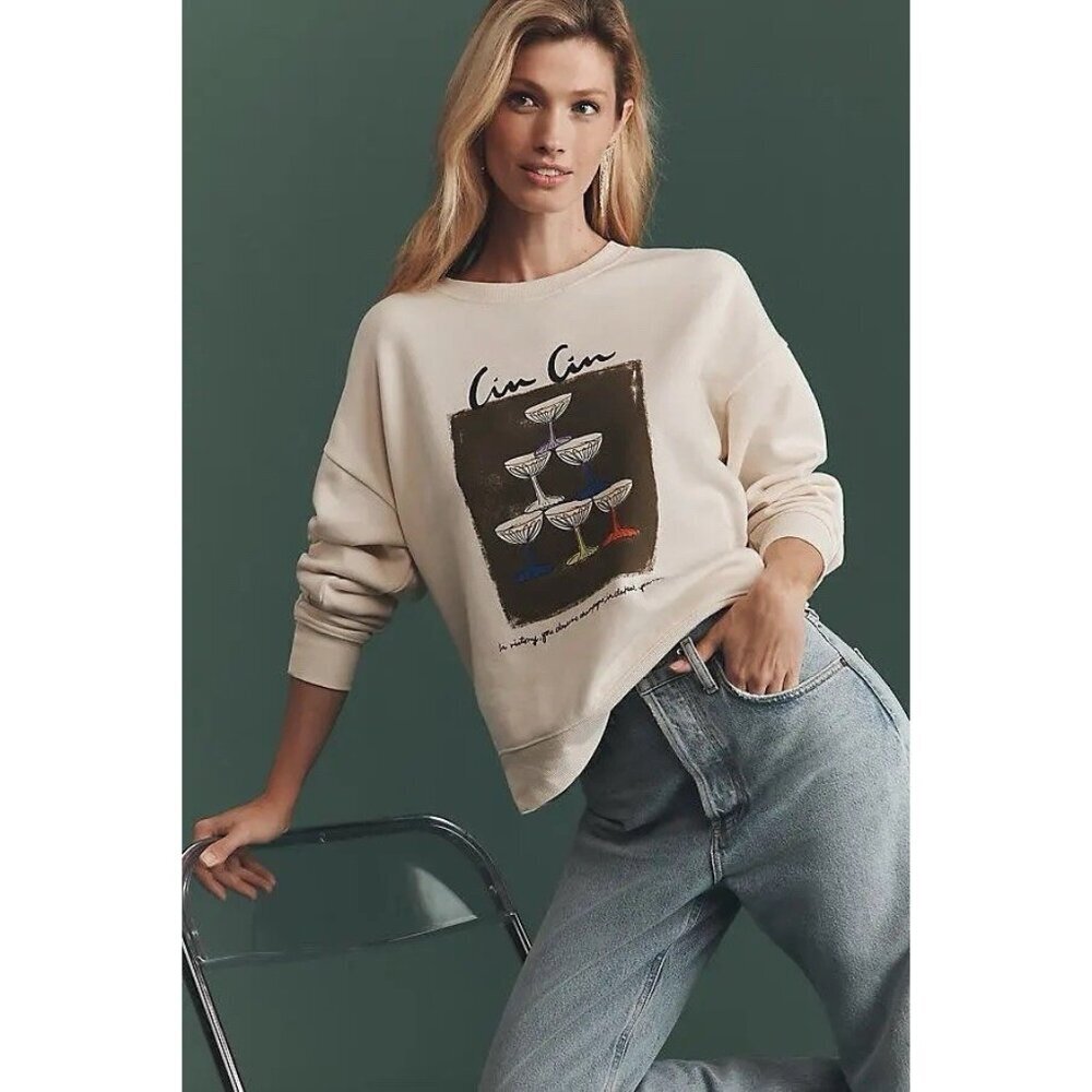 Maeve x Natalia Bagniewska - Tan CIN CIN Champagne Glasses Sweatshirt Large NWT